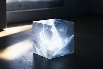 Poster - Glowing Abstract Cube with Light Effects in a Dark Room