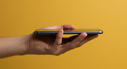 Poster - Smartphone in Hand on Yellow Background. Hand holding smartphone showcasing technology on yellow background. Person holding smartphone