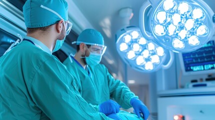 Poster - Surgeons in scrubs and masks perform a medical procedure under bright surgical lights in a modern operating room.