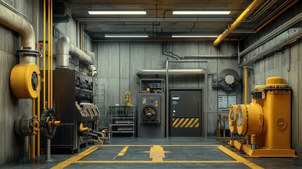 Poster - Industrial Machine Room with Yellow Accents and Gray Walls