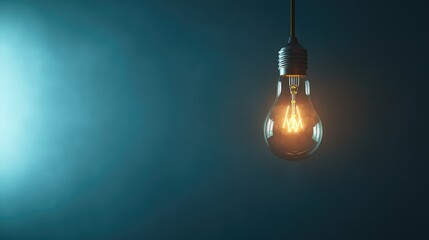 Poster - A glowing light bulb hanging in the air with glowing filaments, casting a soft, warm light, and space for text around it.