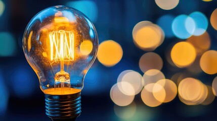 Poster - A light bulb turned on, with a focus on its smooth glass surface and the glow of its filament, surrounded by a blurred, empty background.
