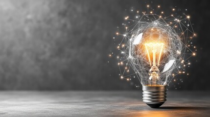 Poster - A light bulb with a glowing filament, surrounded by a neutral background with an ample amount of empty space for a message.