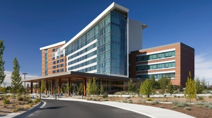 Poster - A modern hospital building exterior with clear blue skies, symbolizing accessible and advanced healthcare support.