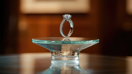 Poster - A single diamond ring showcased on a floating glass stand, exuding elegance.