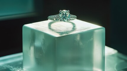 Poster - A solitaire diamond ring in a frosted glass cube, creating a futuristic aesthetic.