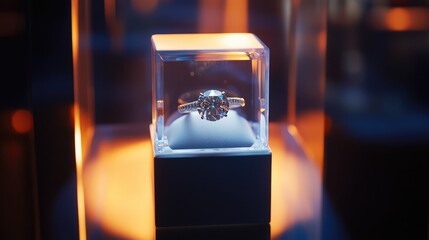 Poster - A solitaire diamond ring in a frosted glass cube, creating a futuristic aesthetic.