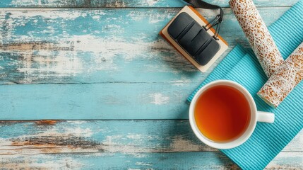 Poster - Flat lay of office supplies, yoga mat, and a cup of tea on a wooden desk, representing work-life balance essentials on a clean background with copy space.