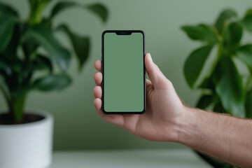 Poster - Smartphone in Hand with Green Screen held against Green Background. Hand holding smartphone with green screen for mockup against green background with plants