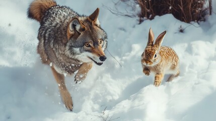  Wolf and Rabbit Encounter in Snowy Winter Woods