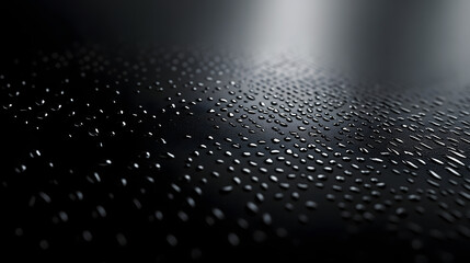 Wall Mural - Close-up of water droplets on a dark, reflective surface, creating a dramatic and moody atmosphere