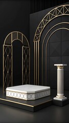 Poster - A black and white photo of a room with a pedestal and a white square table