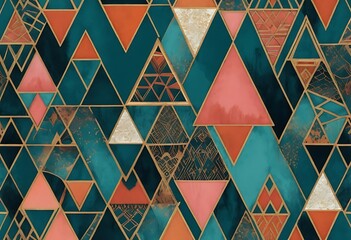 Poster - Geometric Allure, A Mosaic of Triangular Patterns with Golden Accents