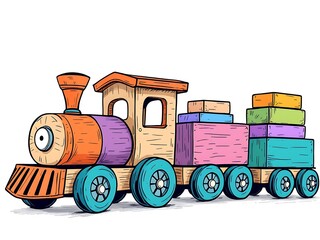 Charming Toy Train Engine Locomotive and Colorful Block Cars Playful Nostalgic Childhood Scene