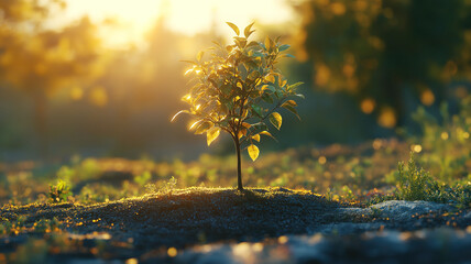Wall Mural - eco-friendly tree growing in garden soil, nurtured by sunlight for a greener planet