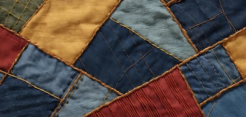 Poster - Abstract textile artwork with geometric patchwork and handcrafted texture