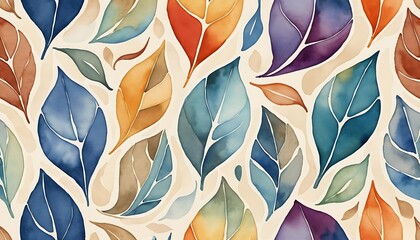 Aufkleber - Autumnal Watercolor Leaf Pattern, Colorful Fall Foliage Background Art