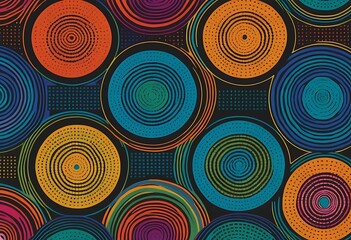 Poster - Vibrant Retro Circles on Dark Backdrop, An Abstract Geometric Pattern