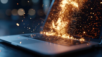 Poster - A laptop emits sparks and fiery particles, symbolizing innovation and digital transformation in a modern workspace.
