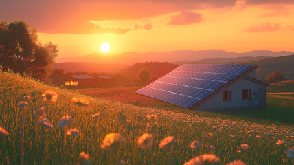Wall Mural - golden sunset over solar panels in countryside highlighting renewable energy solutions