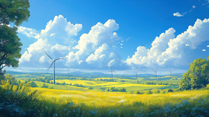 Wall Mural - renewable energy concept with wind turbines across open fields under bright blue sky