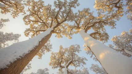 Snow-covered trees under a silvery sky in a winter landscape during a snowfall