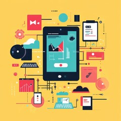 Poster - A colorful digital illustration featuring a tablet surrounded by various tech elements like graphs, charts, and devices, set against a bright yellow background.