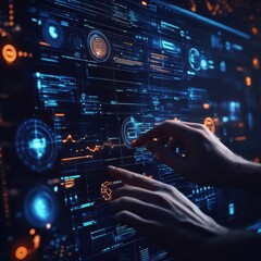 Poster - A futuristic interface displaying digital data with hands interacting, showcasing advanced technology and analytics.