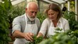 © thekob5123 - A Senior Man and a Woman Collaborate in a Lush Greenhouse, Harvesting Fresh Herbs and Enjoying Gardening Together as a Profession and Hobby