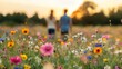 © thekob5123 - Romantic Couple Walking Hand in Hand Through a Vibrant Summer Flower Field at Sunset with Soft Focus on Colorful Blooms and Warm Light