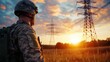 © FutureLens - Engineers monitoring high voltage towers at sunset in a serene landscape