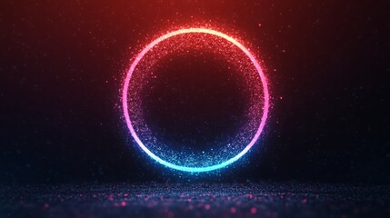 Poster - Vibrant Abstract Circle with Glowing Particles in Red and Blue Against a Dark Background, Ideal for Modern Designs and Digital Art Projects