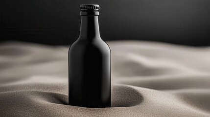 Poster - A black bottle stands out prominently in a sandy surface, creating a stark contrast against a dark background.