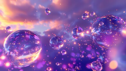 Poster - A vibrant, dreamlike scene featuring floating bubbles in shades of purple and pink against a soft, cloudy background.
