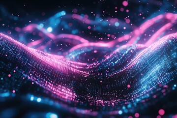 Fototapete - Abstract glowing landscape with pink and blue dots digital data flowing technology