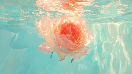 Poster - Delicate pink rose floating serenely in tranquil water, gentle brush strokes capture the essence of nature's beauty, evoking a sense of peace and harmony.
