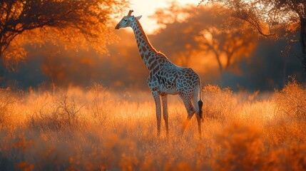 A giraffe standing in a field at sunset