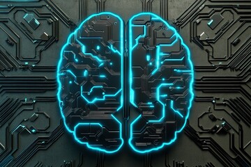Poster - Digital brain on a circuit board glowing blue representing technology and innovation