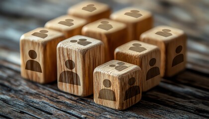Poster - Many wooden cubes with people icons on a wooden table, symbolizing interconnectedness and collaboration in a communication network concept