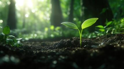 Wall Mural - A young sprout growing from rich soil with sunlight through the forest, highlighting themes