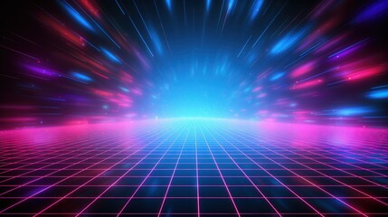 Poster - A vibrant digital landscape featuring a grid pattern, illuminated by colorful light streaks in shades of blue and pink.