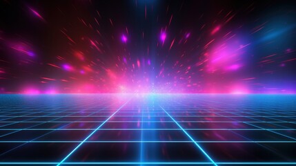 Poster - A vibrant, futuristic landscape featuring a grid pattern and colorful light bursts, creating a retro sci-fi atmosphere.