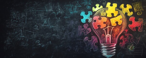Leinwandbilder - A blackboard with a chalkdrawn puzzle forming into a glowing light bulb, symbolizing problemsolving, teamwork, and innovative thinking