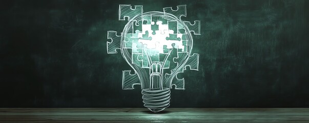 Leinwandbilder - A blackboard with a chalkdrawn puzzle forming into a glowing light bulb, symbolizing problemsolving, teamwork, and innovative thinking