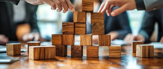 Poster - A business team stacking wooden blocks on a table, representing knowledge management, sharing, and collaboration for organizational development