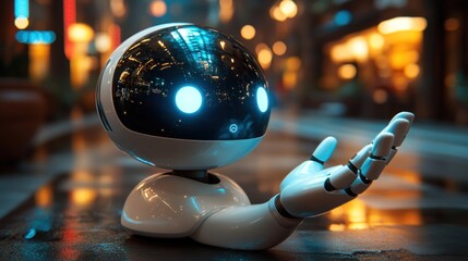 Aufkleber - A friendly robot with glowing eyes extends a hand in a futuristic city at night.