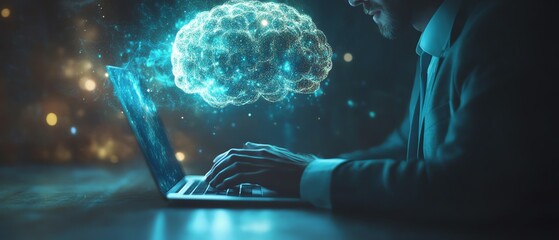 Leinwandbilder - A businessperson typing on a laptop with a glowing AI brain hovering above, symbolizing machine learning, data analysis, and artificial intelligence technology