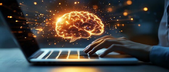 Poster - A businessperson typing on a laptop with a glowing AI brain hovering above, symbolizing machine learning, data analysis, and artificial intelligence technology