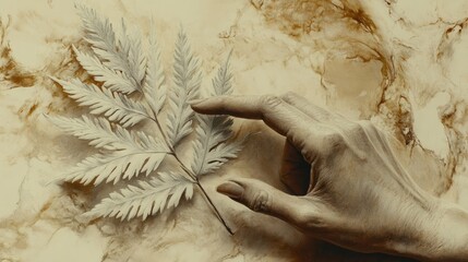 Poster - A hand gently touches a delicate white fern frond on a textured beige background.
