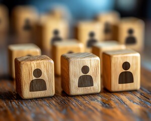 Poster - A closeup of wooden cubes with people icons, arranged on a wooden table, representing the interconnectedness and organization of a communication network